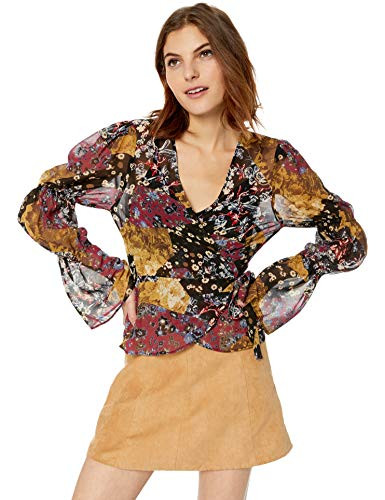 BCBGeneration Women s Bubble Sleeve WRAP TOP  Black-Multi Combo  XS