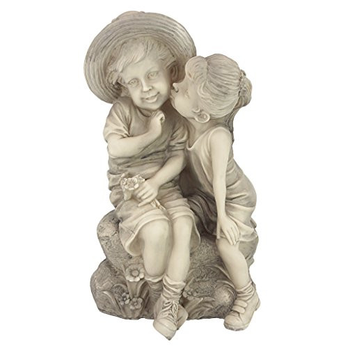 Design Toscano Kissing Kids Boy and Girl Garden Decor Statue, 14 Inch, Polyresin, Antique Stone