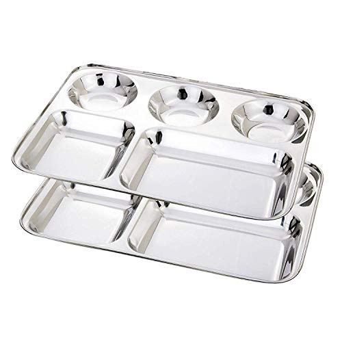 Bignay Stainless Steel Rectangular 5-Compartment Divided Plates/Cafeteria Food Trays Pack of 4