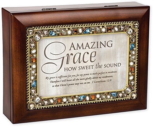 Cottage Garden Amazing Grace Walnut Wood Finish Jeweled Lid Jewelry Music Box Plays Tune Amazing Grace