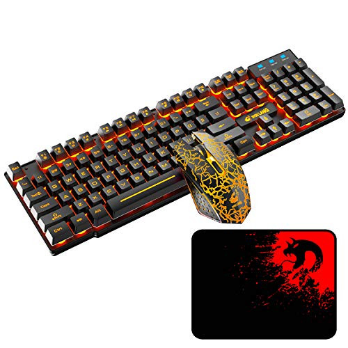 Wireless Gaming Keyboard and Mouse Rechargeable Orange Backlit Keyboard Mouse with 3800mAh Battery Mechanical Feel Gaming Keyboard 7 Color Gaming Mute Mouse Gaming Mouse Pad for PC Gamer