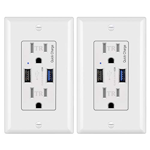 2 Pack  BESTTEN QC3-0 Quick Charge USB Wall Receptacle Outlet  24W-4-8A  15A-125V-1875W  Tamper Resistant  UL Listed