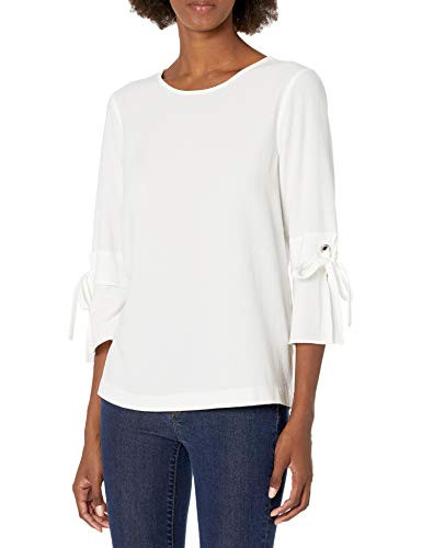 Calvin Klein Women s Long Sleeve Tie Blouse  Soft White Combo  Extra Small