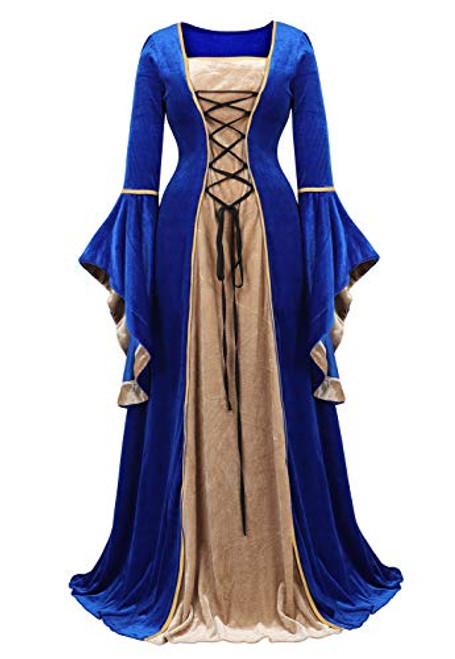 Haorugut Renaissance Costume Women Medieval Dresses Faire Costumes Velvet lace up Irish Dress Blue L