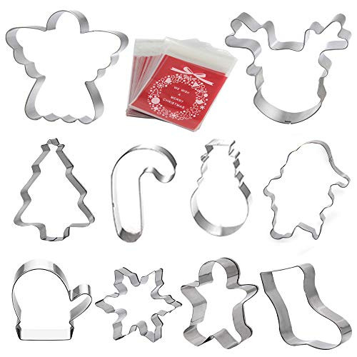 Christmas Cookie Cutter Set-10 Piece Gingerbread Men, Snowflake, Reindeer, Angel, Christmas Tree, Snowman, Santa Face and More Cookie Cutters molds, with 100 Pack Cookie Candy Bag XYGGOO Christmas Cookie Cutter Set-10 Piece Gingerbread Men, Snowflake, Reindeer, Angel, Christmas Tree, Snowman, Santa Face and More Cookie Cutters molds, with 100 Pack Cookie Candy Bag XYGGOO