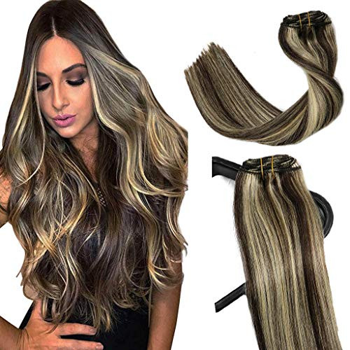 VARIO Hair Clip in Human Hair Extensions Dark Brown to Blonde Highlights 70grams 20 Inch Long Straight Full Head Remy Clip in Balayage Hair Extensions 7 Pieces  2P613