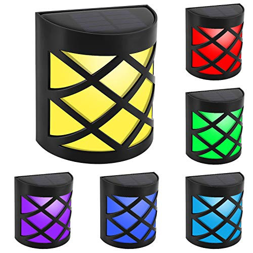 Outdoor Solar Fence Lights  2 Modes Monocolor-7 Colors Cycling Waterproof Solar Wall Lights Auto On-Off Garden Decorative Solar Deck Light Night Light for Fence Patio Yard Deck Step Porch  6 Packs