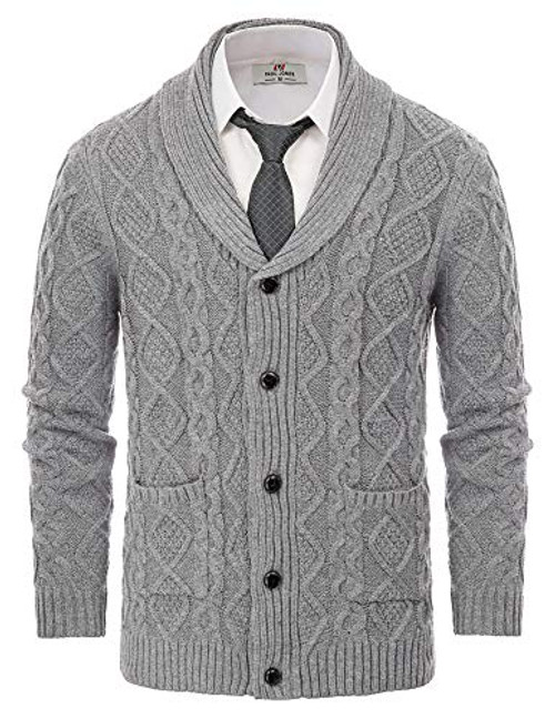 PJ PAUL JONES Men s Knitted Cardigan Sweaters Shawl Collar Cable Sweaters with Pockets Grey XL