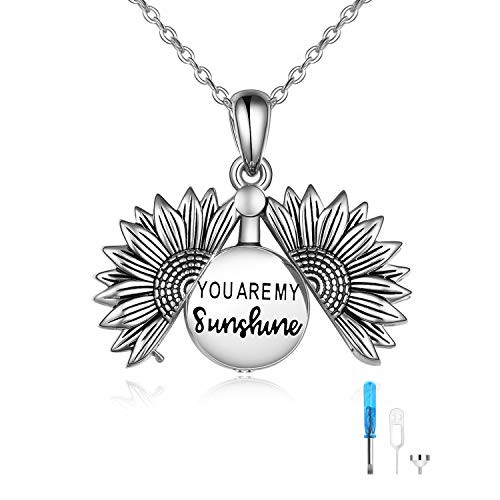 ONEFINITY Sterling Silver Sunflower Urn Necklace for Ashes You are My Sunshine Pendant Cremation Jewelry for Ashes of Loved Ones Keepsake Vintage Silver Sunflower urn Necklace