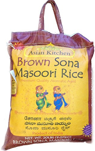 Asian Kitchen Brown Sona Masoori Aged Rice 20lbs Pound Bag 9-08kg Short Grain Rice with Natural Bran ~ All Natural   Gluten Free   Vegan   Indian Origin   Export Quality