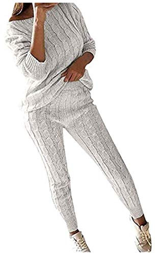 Women Sweater 2 Piece Outfit Solid Long Sleeve Pullover Top High Waist Long Pants Set
