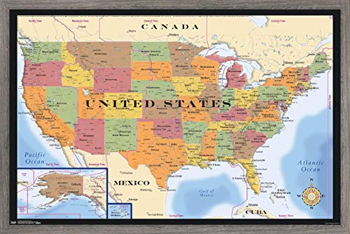 Trends International Map - USA Time Zones Wall Poster  14-725  x 22-375   Barnwood Framed Version