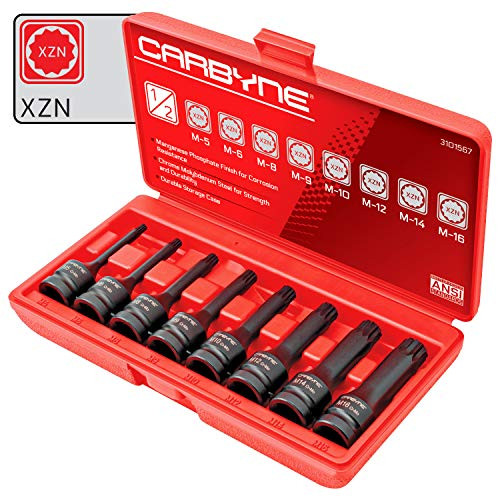 CARBYNE 8 Piece XZN Triple Square Spline Driver Impact Socket Set  Chrome Molybdenum Cr-Mo Steel   Metric M5 to M16   1-2 inch Drive