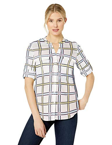Calvin Klein Womens V-Neck Roll Sleeve Top  Soft White Combo  Small