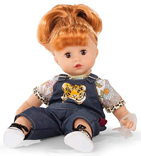 Gotz Muffin Wild Cat 13  Soft Body Baby Doll with Bright Red Hair to Wash   Style and Brown Sleeping Eyes in Jean Overalls with Sneakers and Pacifier