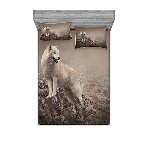 Ambesonne Animal Fitted Sheet   Pillow Sham Set  White Wolf on Rocks at The Night Hazy Misty Weather Wildlife Nature Scenery Print  Decorative Printed 3 Piece Bedding Decor Set  Full  Brown