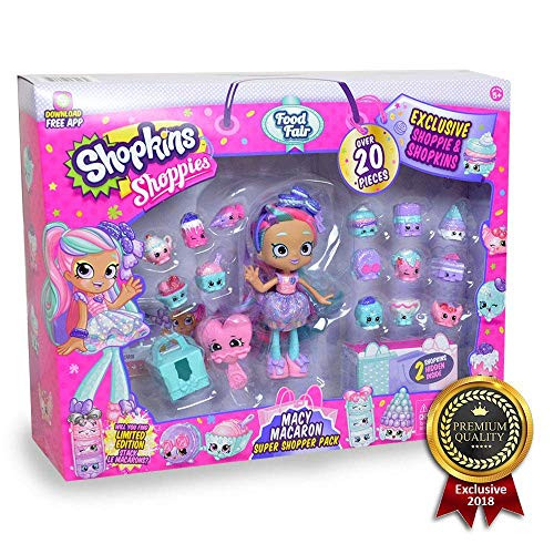 Shopkins Shoppies Macy Macaron Exclusive Super Shopper Pack - Girls Day Out Doll Food Fair Shopping Spree (20+Piece)