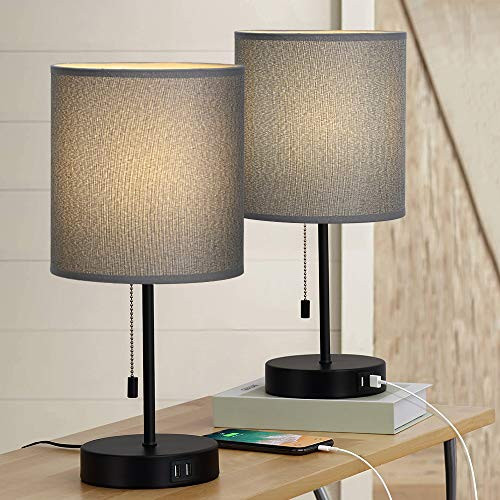 Bedside Table Lamps  Modern Nightstand Lamps Set of 2 with Dual USB Charging Ports  Desk Lamps with Gray Cylindrical Lamp Shade for Bedroom Living Room Study Room Office