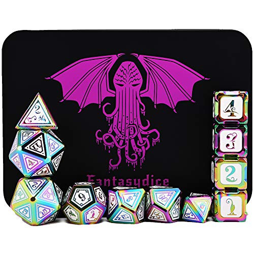 Cthulhu White Rainbow polyhedral Metal Dice 11 Dice Set Cthulhu Metal Box for Dungeons and Dragons D D  DND 5 Edition Call of Cthulhu Warhammer Shadowrun and All Tabletop Games- Rainbow Cthulhu