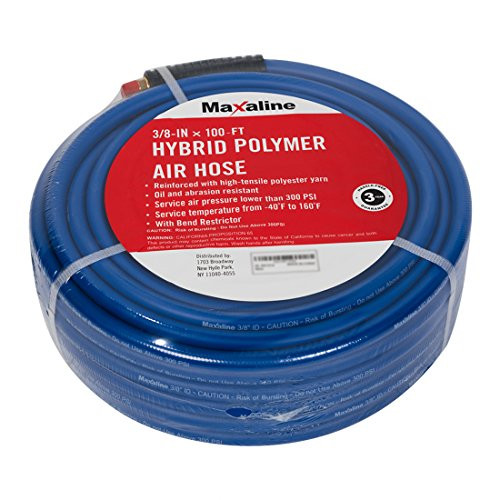Maxaline Hybrid Polymer Air Compressor Hose 3-8inch x 100FT with 1-4  MNPT Brass Fittings 300 PSI Non-Kinking Lightweight and Soft air Hose Blue Maxaline Hybrid Polymer Air Compressor Hose 3-8inch x 100FT with 1-4  MNPT Brass Fittings 300 PSI Non-Kinking Lightweight and Soft air Hose Blue