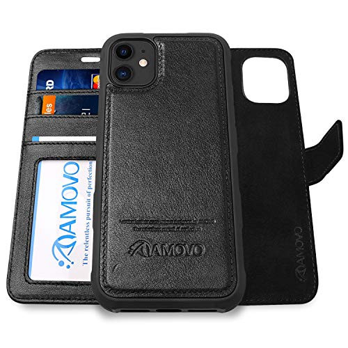 AMOVO Leather Case for iPhone 11 6-1  Genuine Leather  iPhone 11 Wallet Case Detachable  2 in 1 Folio   Wristlet  iPhone 11 Folio Case iPhone 11  Genuine Leather Black