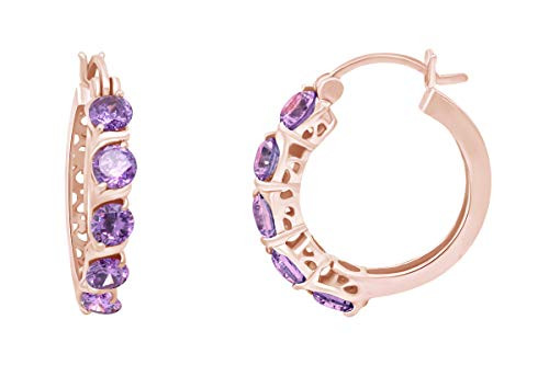 Round Cut Simulated Amethyst Snap Closure Hoop Earrings in 14k Rose Gold Over Sterling Silver