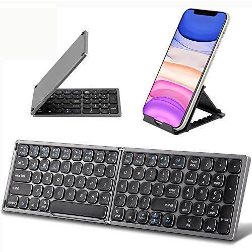 Foldable Bluetooth Keyboard with Numeric Keypad - Samsers Full Size Portable Wireless Keyboard with Holder  Rechargeable Pocket Folding Keyboard for IOS Windows Android Phone Tablet Laptop - Dark Grey