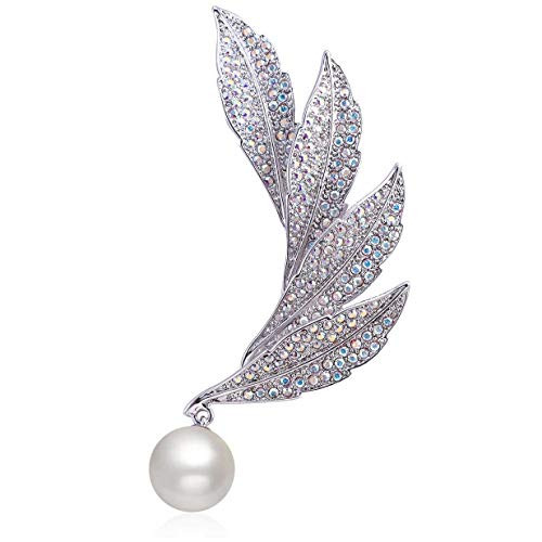 RAINBOW BOX Brooches for Women  Feather Brooch with Pearl Swarovski Crystal Jewelry Women s Brooches   Pins White RAINBOW BOX Brooches for Women  Feather Brooch with Pearl Swarovski Crystal Jewelry Women s Brooches   Pins White