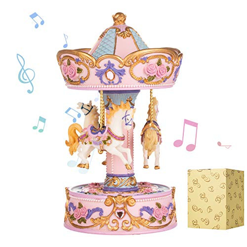 Septwonder Musical Carousel Merry-Go-Around Carousel 3-Horse Classic Decoration Carousel Wind-Up Mechanical Music Box Carousel Waltz Tuned for Christmas Wedding Valentine Birthday and Any Seasons