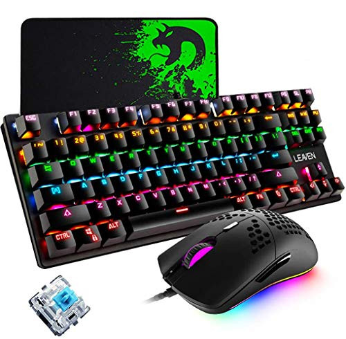 Mechanical Gaming Keyboard Blue Switch Mini 87 Keys RGB Backlit Keyboard Programmable 6400DPI Ultra-Light Honeycomb Coal Game Mouse Gaming Mouse pad for Gamers and Typists