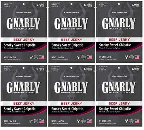 GNARLY Jerky Premium Cut Beef Jerky  Smoky Sweet Chipotle Flavor  2-5 Ounce Bag  6-Pack