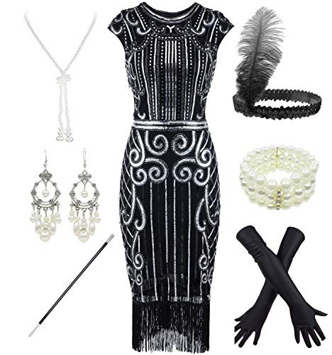 Women s 1920s Sequins Flapper Gatsby Cocktail Dress with 20s Headband Accessories Set L  Black