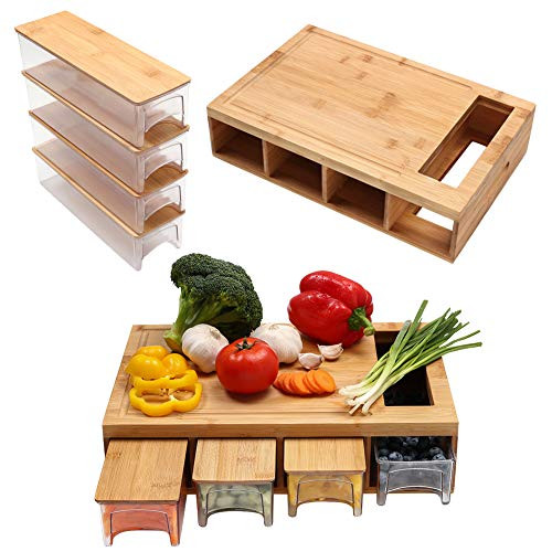 Bamboo Cutting Board with lids-Storage Containers-trays Chopping Board with Drawers Cutting Board with Lid and Trays Multi-functional Cutting Board with Groove-Handle-Food Sliding Opening