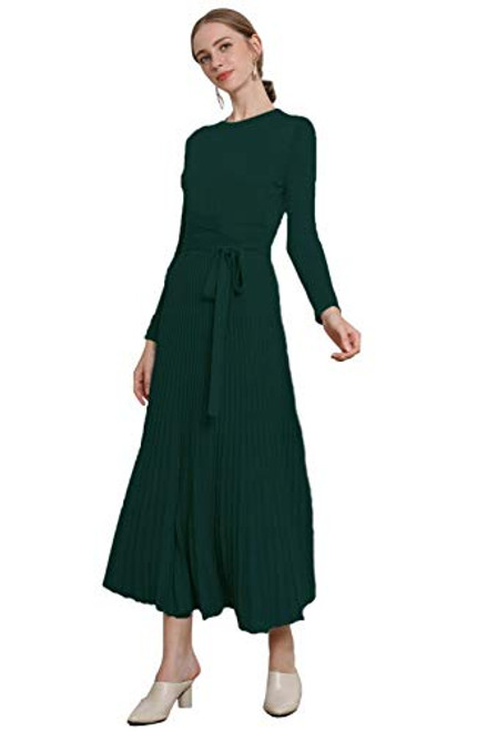 RanRui Sweater Dresses for Women Cashmere Casual Winter Dresses Women s Long Sleeve Crew Neck fit and Flare Dresses Cashmere Knit Belt Fitted Pleated Ankle Length Maxi Dress 8-10  Green