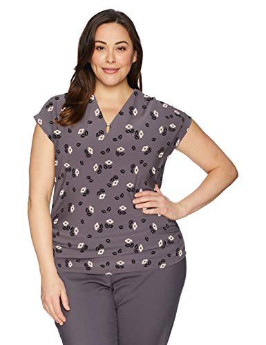 Anne Klein Women s Size Plus Cap Sleeve V-Neck TOP  Nantucket Grey-Oyster Shell Combo  1X