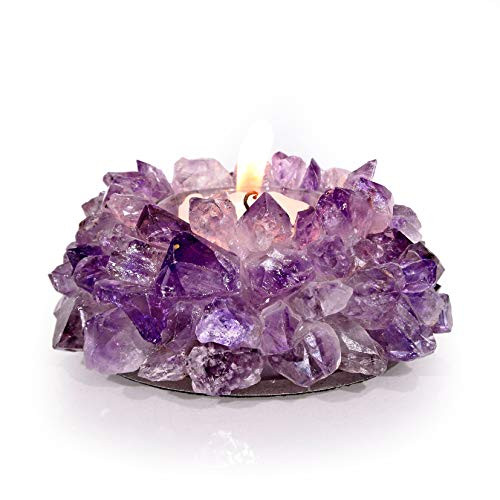 KALIFANO Natural Amethyst Cluster Crystal Tealight Candle Holder - Decorative High Energy Geode Votive with Healing Effects
