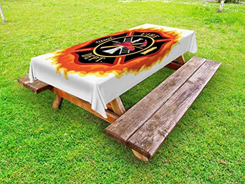 Lunarable Fireman Outdoor Tablecloth  Fire Department with Ladder Public Service Essential Tools of Firefighters  Decorative Washable Picnic Table Cloth  58  X 120   Soft Orange
