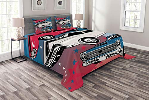 Lunarable Cars Bedspread Pop Art Group of Nostalgic American Muscle Cars with Stars Antique Print Decorative Quilted 3 Piece Coverlet Set with 2 Pillow Shams Queen Size Beige Blue Lunarable Cars Bedspread Pop Art Group of Nostalgic American Muscle Cars with Stars Antique Print Decorative Quilted 3 Piece Coverlet Set with 2 Pillow Shams Queen Size Beige Blue