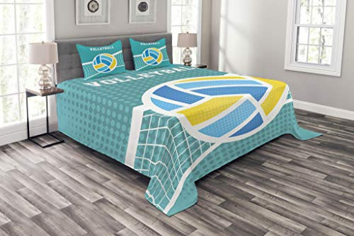 Lunarable Volleyball Bedspread Halftone Style Background with Net and Ball Outdoors Sports Themed Illustration Decorative Quilted 3 Piece Coverlet Set with 2 Pillow Shams Queen Size Blue Yellow Lunarable Volleyball Bedspread Halftone Style Background with Net and Ball Outdoors Sports Themed Illustration Decorative Quilted 3 Piece Coverlet Set with 2 Pillow Shams Queen Size Blue Yellow