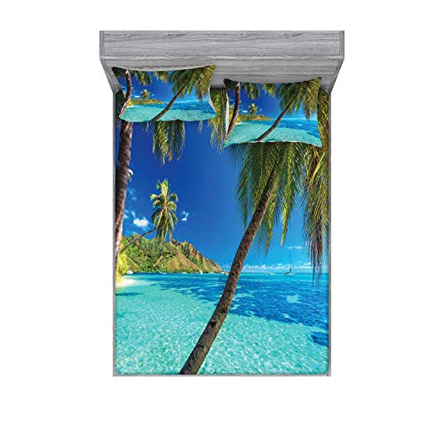 Ambesonne Ocean Fitted Sheet   Pillow Sham Set  Image of a Tropical Island The Palm Trees and Clear Sea Beach Theme Print  Decorative Printed 3 Piece Bedding Decor Set  Queen  Turquoise Blue