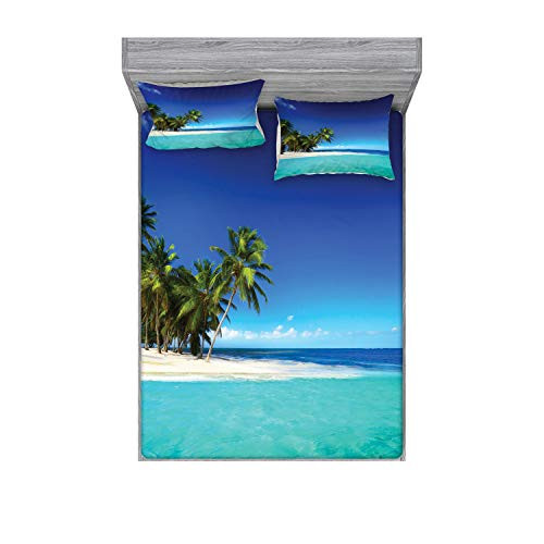 Ambesonne Ocean Fitted Sheet   Pillow Sham Set  Seaside View Tropical Island Coast Jungle Nature Landscape Picture  Decorative Printed 3 Piece Bedding Decor Set  Queen  Blue Turquoise