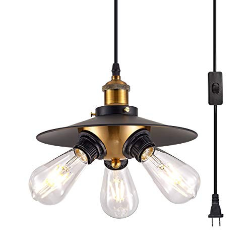 YLONG-ZS White Hanging Lamps Swag Lights Plug in Pendant Light 16-4 FT Cord and Chain-Hanging Pendant Light Cage in-Line On-Off Switch for Kitchen Island  Dining Room  Entryway?3Lights?Black Finish