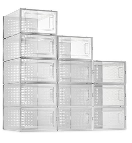 12 Pack Shoe Storage Boxes  Clear Plastic Stackable Shoe Organizer Bins  Drawer Type Front Opening Shoe Holder Containers