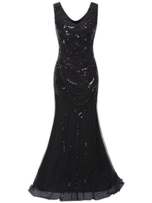 Vijiv 1920s Long Maxi Prom Gowns Sequin Embellished Bridesmaid Wedding Evening Dress Black X-Large