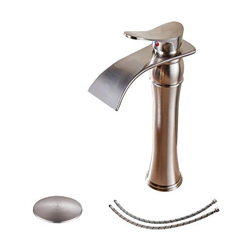 BWE Vessel Sink Faucet with Drain Assembly and Supply Line Brushed Nickel Waterfall One Hole Single Handle Bathroom Lavatory Faucets Tall Body Mixer Tap Deck Mount