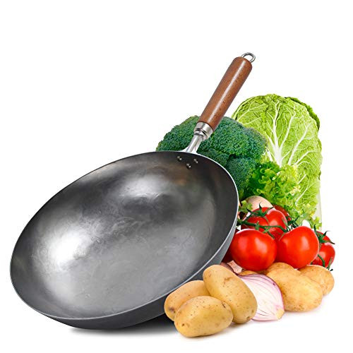 COUNER Traditional Hand Hammered Carbon Steel Pow Wok with Wooden and Steel Helper Handle  Woks and Stir Fry Pans 12