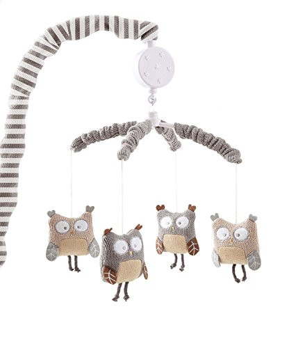 Levtex Baby - Night Owl Musical Rotating Baby Crib Mobile - Fun Knit Owls - Grey  Tan and Cream - Nursery Accessories