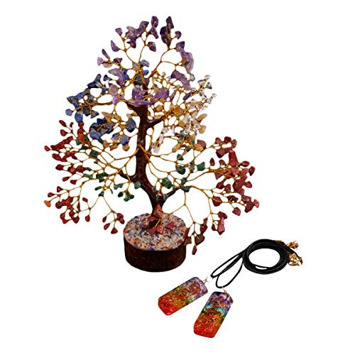 PYOR Seven Chakra 10-12 Inches Tree Healing Chakra Onyx Pendant Combo Crystal Reiki Healing Aura Cleansing EMF Protection Chakra Balancing Home Decor Good Luck Prosperity Wealth