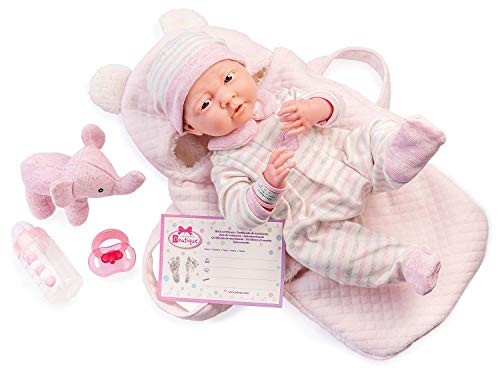 JC Toys - La Newborn Nursery   Deluxe Carry Fabric Basket Soft Body Baby Doll 8 Piece Gift Set   15-5  Life-Like Soft and Posable Newborn Doll w- Accessories   Pink Elephant Theme  Ages 2