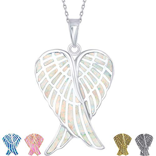 Sterling Silver Angel Wing Necklace for Women with Created White Opal Guardian Angel Wings Pendant Necklace with 18  Silver Chain